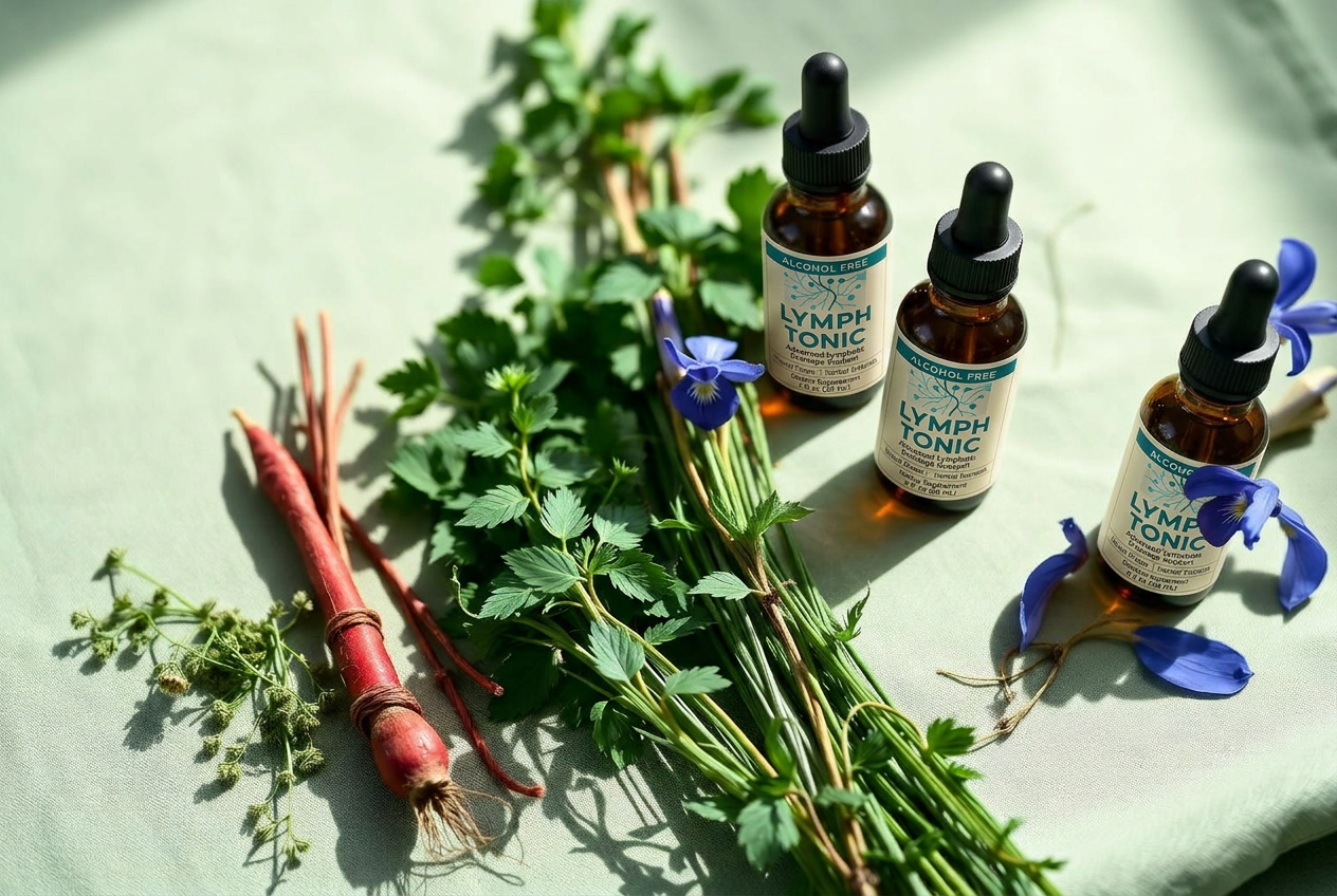 Lymph Tonic dropper bottles arranged with cleavers, red root, and blue flag botanicals