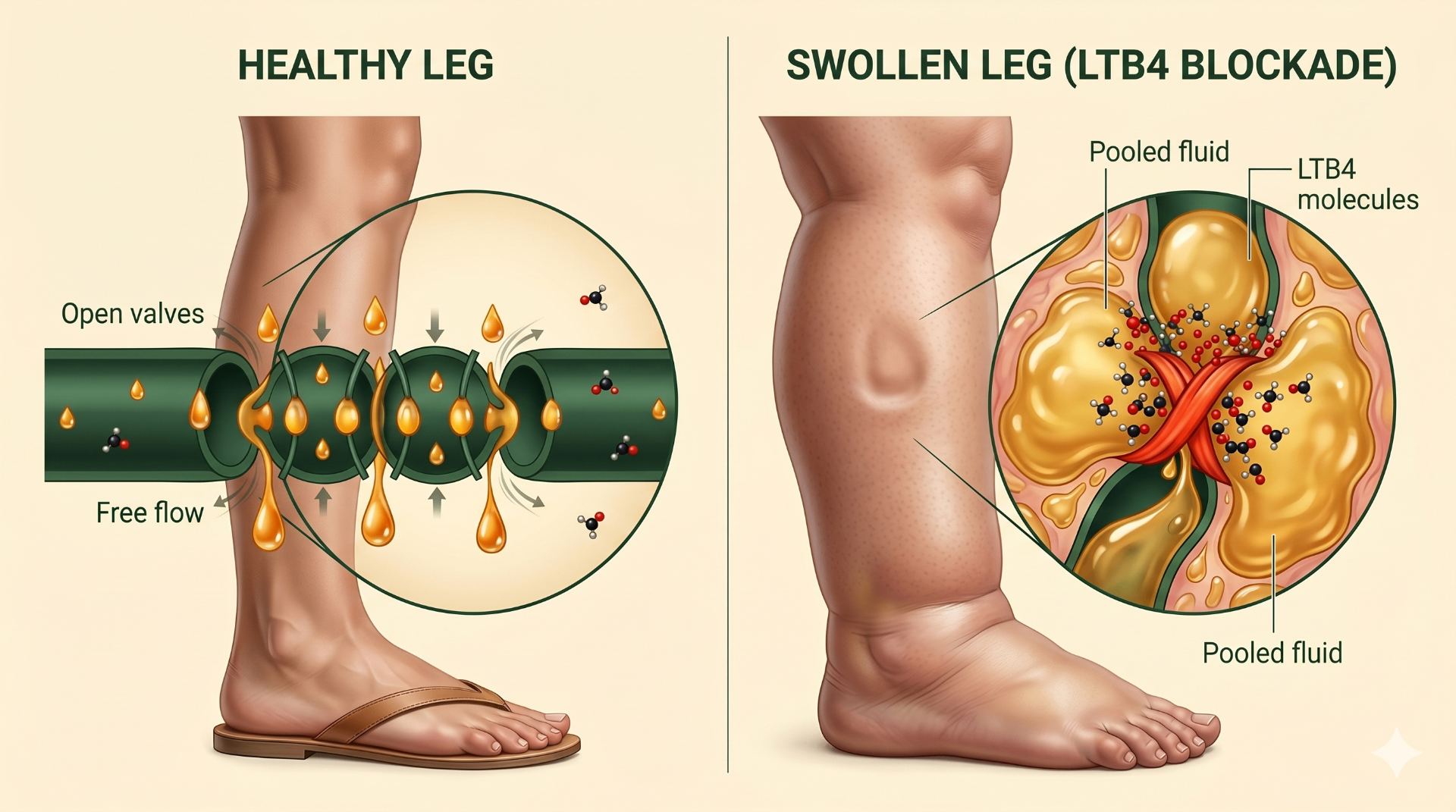Editorial diagram comparing a healthy lymphatic vessel with free-flowing amber fluid against an inflamed vessel kinked shut by LTB4 molecules, causing fluid to pool below the blockade